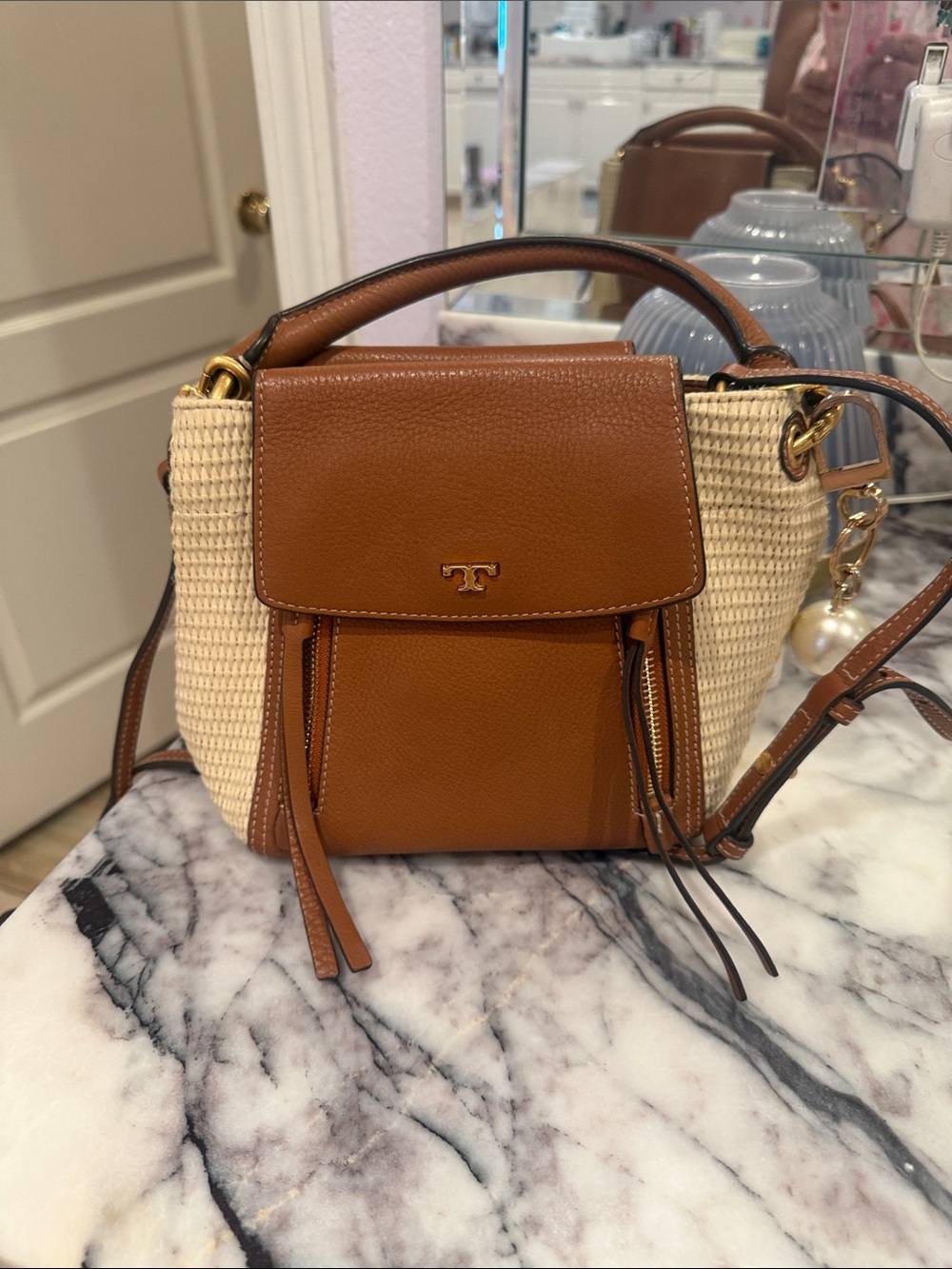 Tory Burch Tan Leather & Cream Woven Crossbody Satchel